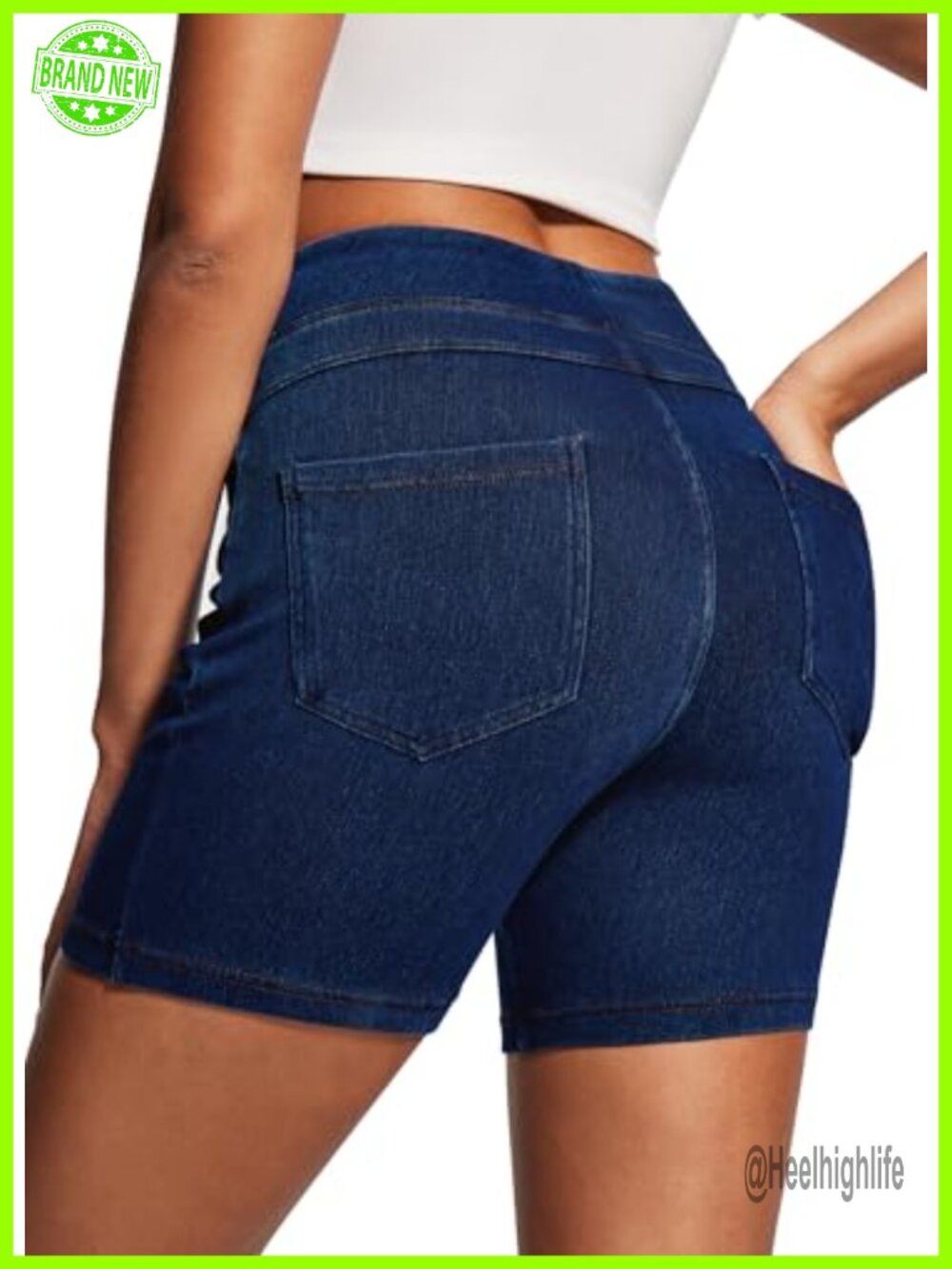 Stretchy High Waisted Pull On Denim Shorts Faux Fly 4 Pockets
